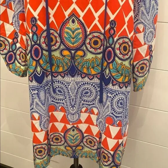 West Kei Orange and Blue Resort Wear Sundress with 3/4 Bishop Sleeves - Picture 3 of 10